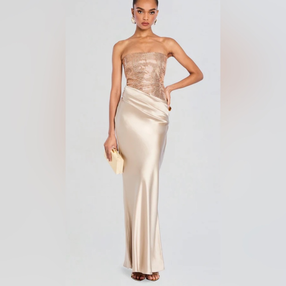 Retrofete Gold Strapless Ruched Gown for Weddings